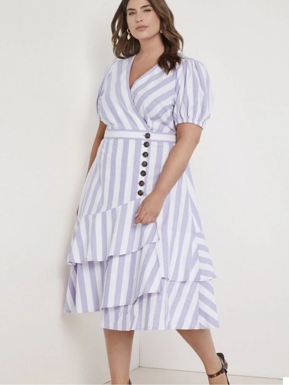 Eloquii Purple White Striped Puff Sleeve Faux Wrap Midi Dress Plus Sz 18 New!